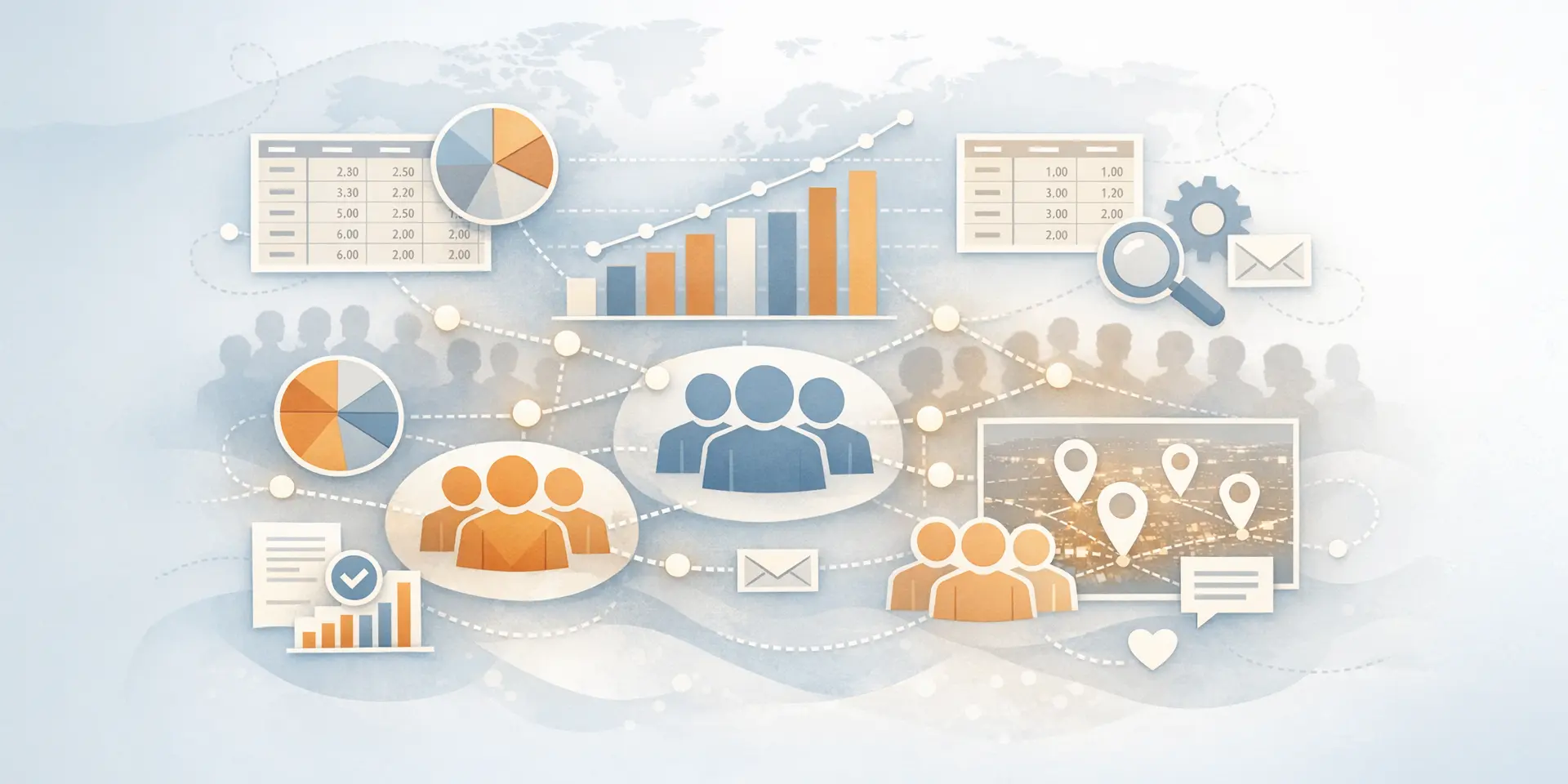 Imagen de cabecera de las terceras Jornadas Tecnológicas del Notariado con varios gráficos estadísticos y representaciones de personas para destacar la importancia del dato notarial