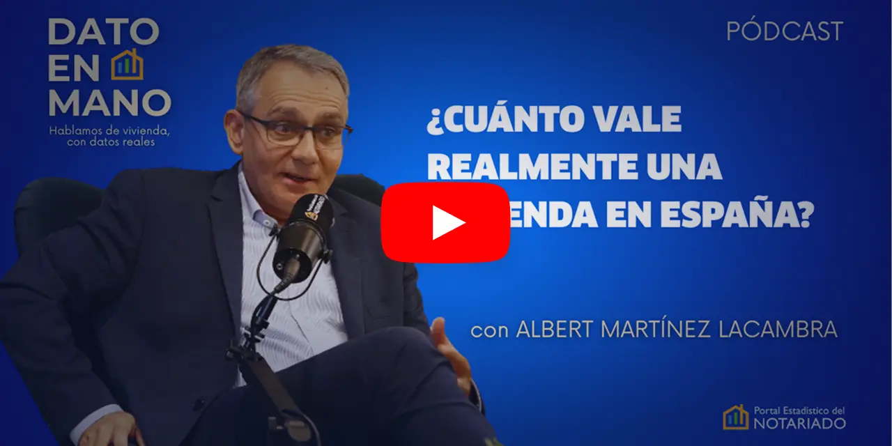 Imagen de cabecera del primer podcast Dato en Mano donde aparece Alberto Martínez Lacambra y el título ¿Cuánto vale realmente una vivienda en España?