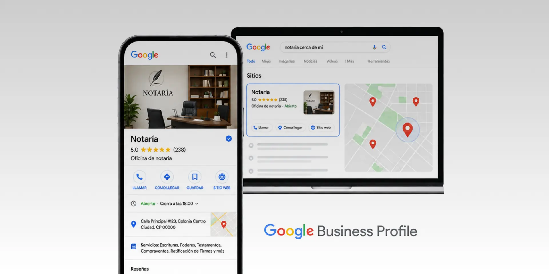 Ejemplo de perfil de una notaría en Google Business Profile, mostrado en un teléfono móvil y un ordenador.