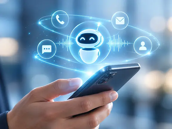 Ilustración de un asistente virtual y comunicación digital mediante un teléfono móvil