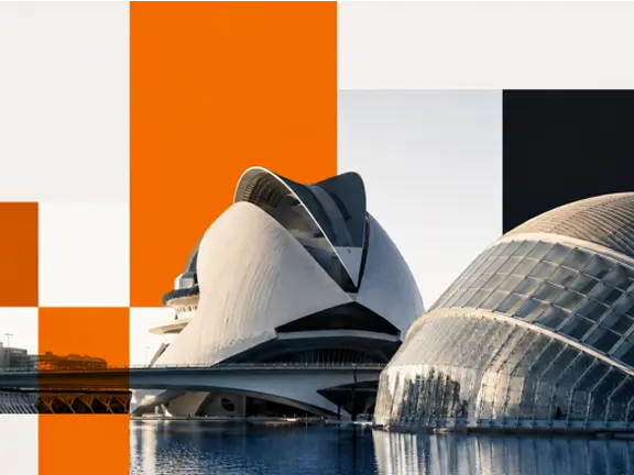 Imagen de edificios de la Ciudad de las Artes y las Ciencias de Valencia junto a una composición gráfica