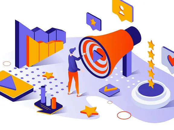 Ilustración de una estrategia de comunicación digital con gráficos, objetivos y elementos relacionados con redes sociales